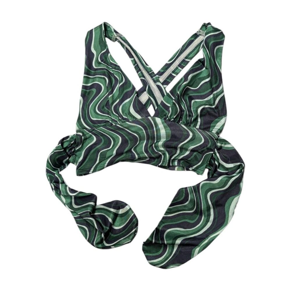 Green and black swirl print cropped wrap top